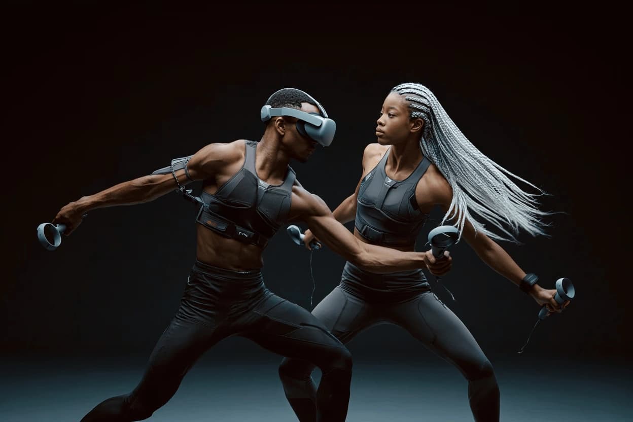 Two athletes wearing VR headsets and haptic vests, facing each other mid-motion