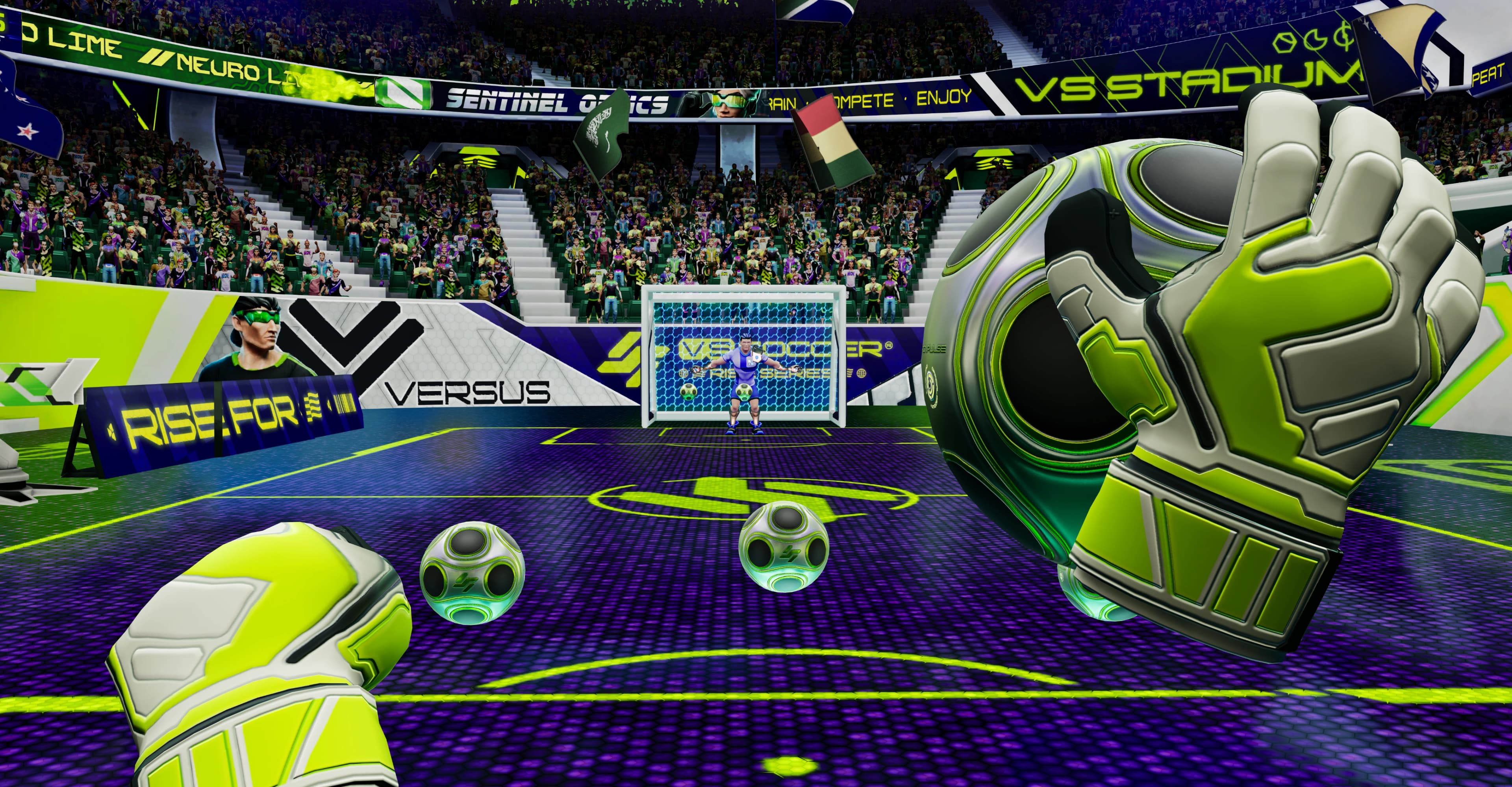 Player in a VR headset lunging to make a save