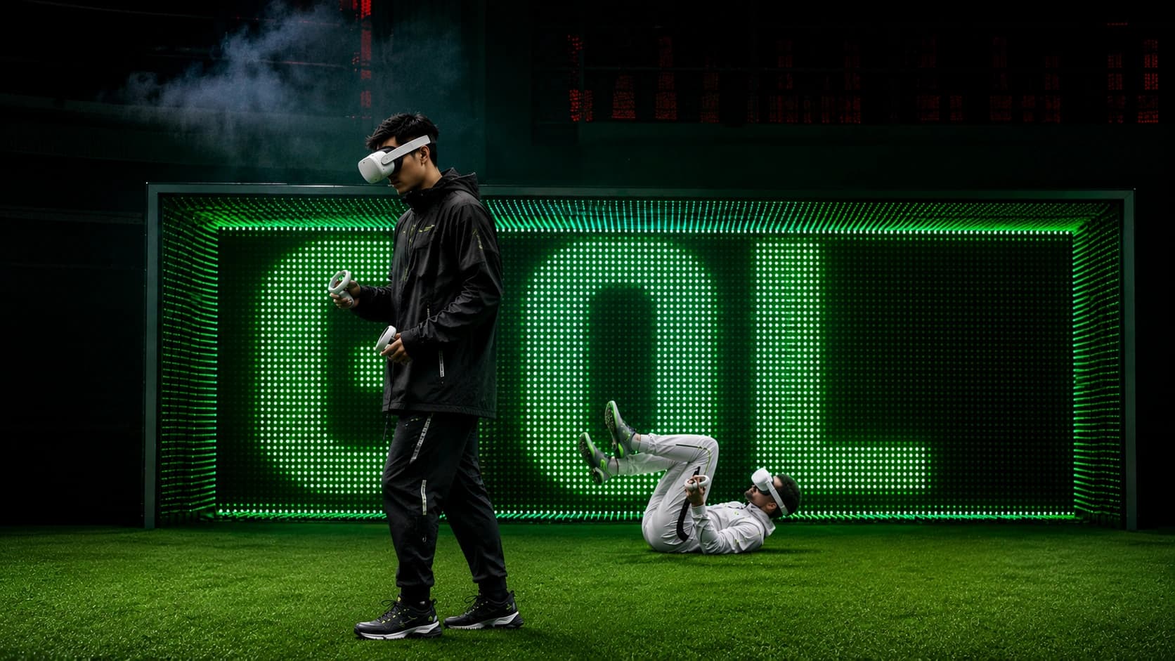 Player in a VR headset with arms outstretched, ready to save a shot