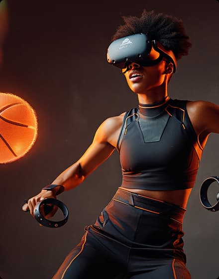 Player in a VR headset beside a glowing basketball