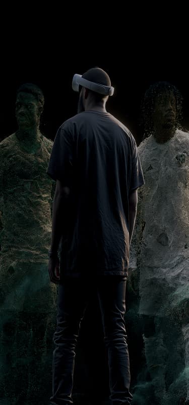 An athlete in a VR headset seen from behind, facing figures that dissolve into particles of light
