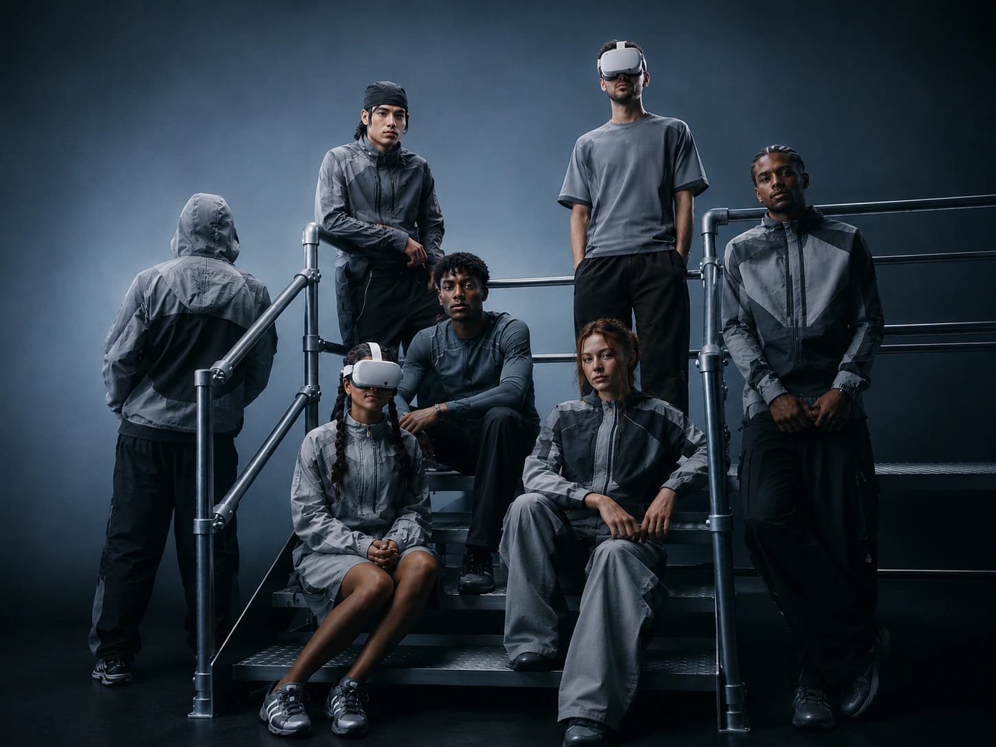 A group of athletes in grey kit gathered on a staircase, some wearing VR headsets