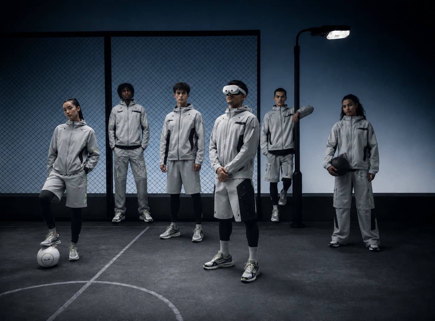 Six athletes in grey kit lined up across an outdoor court, one wearing a VR headset