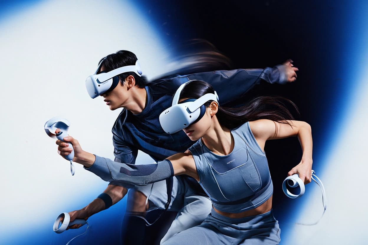 Two athletes in dark VR gear running, motion-blurred