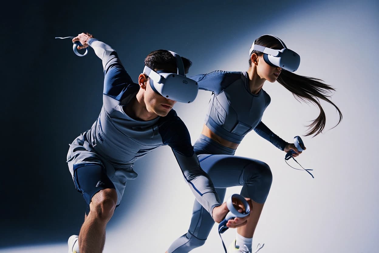 Two athletes in grey VR gear captured mid-motion