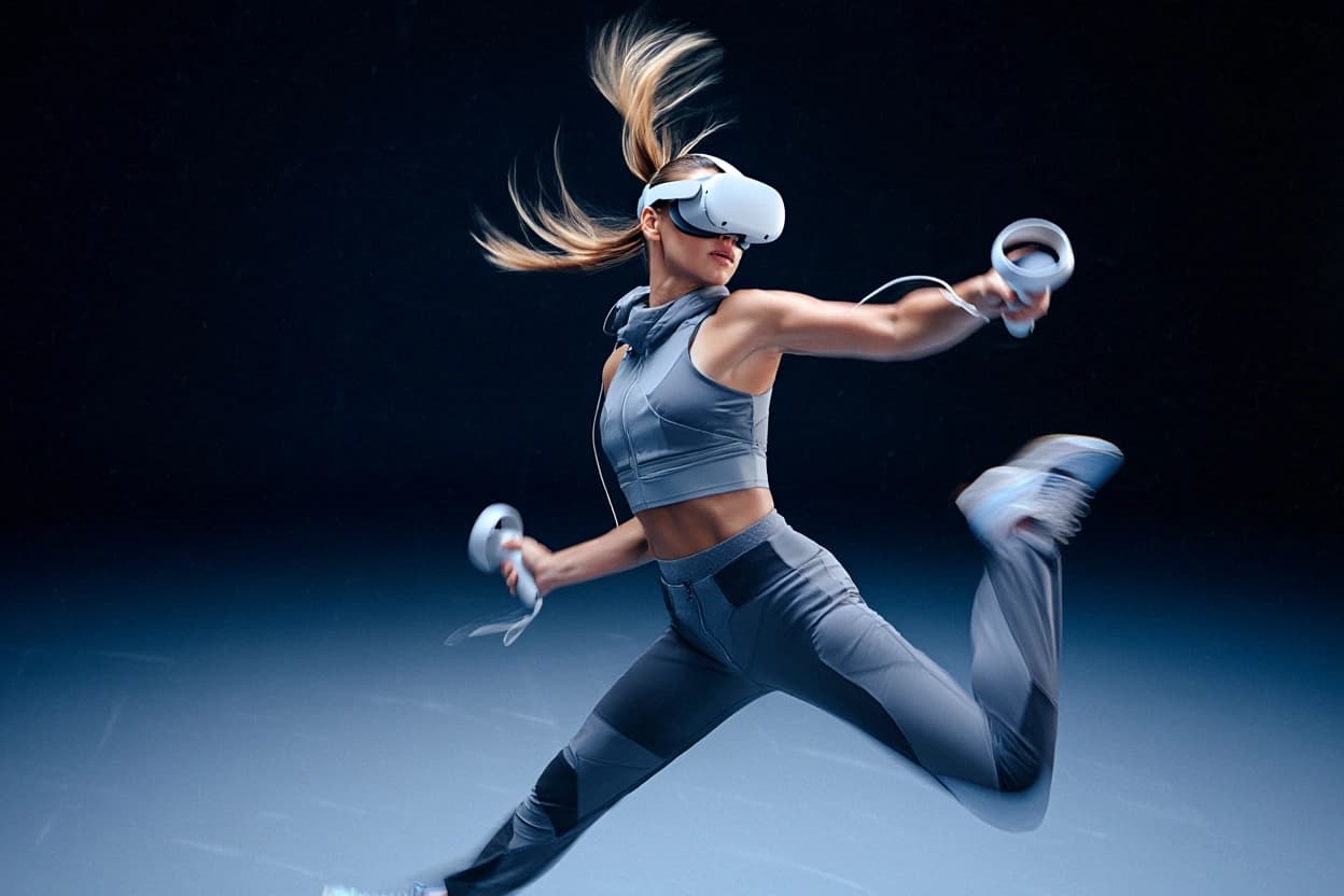 Woman in VR gear captured mid-kick, hair in motion