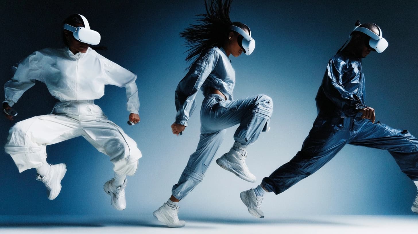 Three dancers in VR headsets captured mid-jump