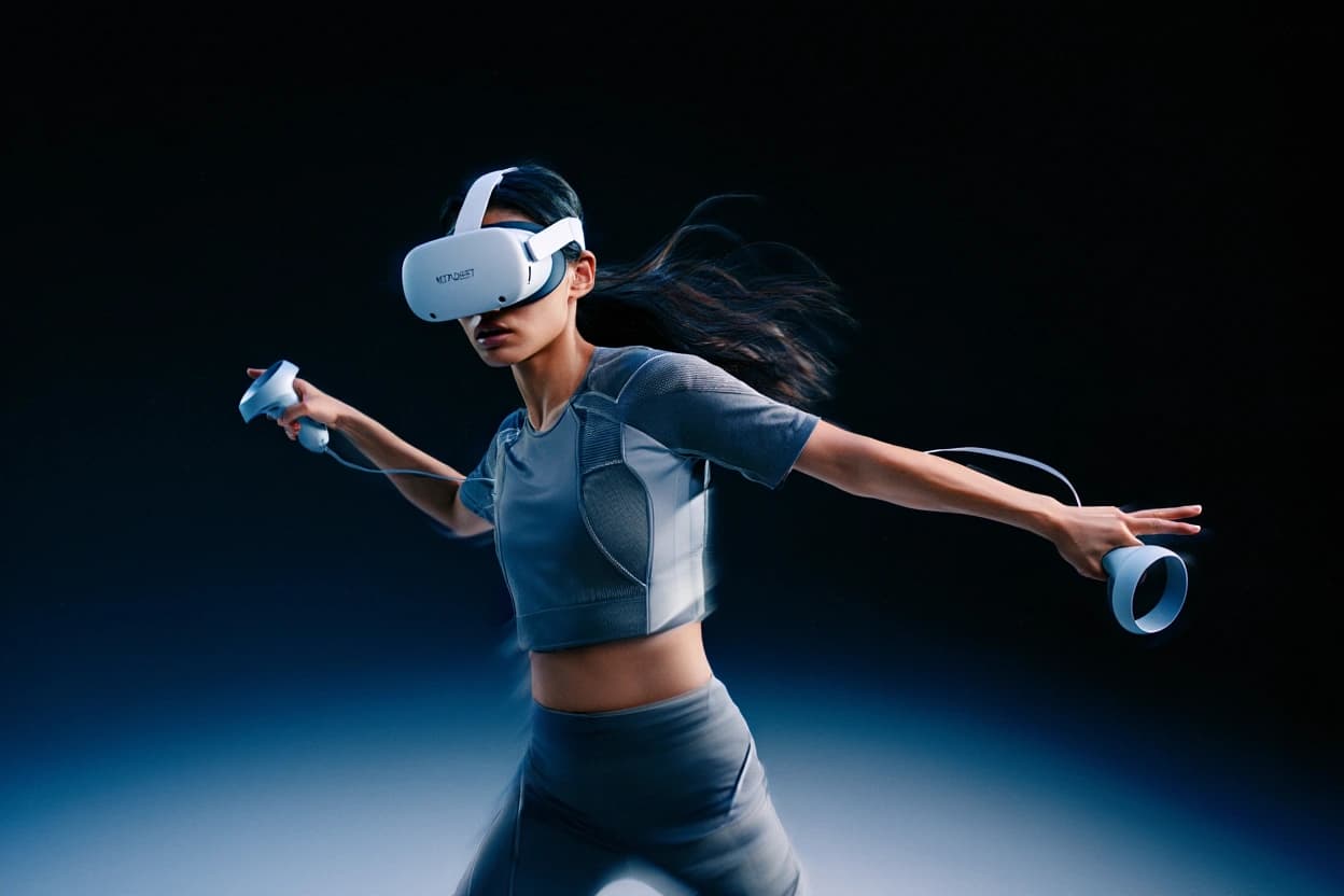Woman playing with VR headset and motion controllers