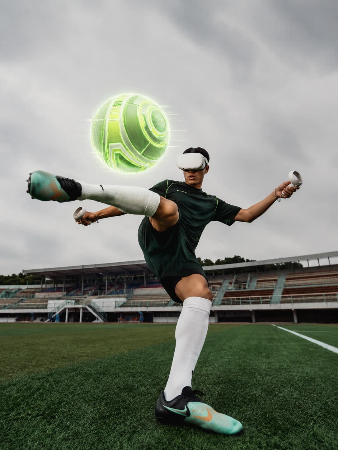 Soccer player in VR gear kicking a glowing ball on a stadium pitch