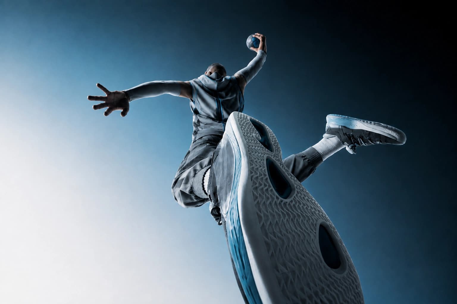 Person in VR gear mid-motion with arm raised