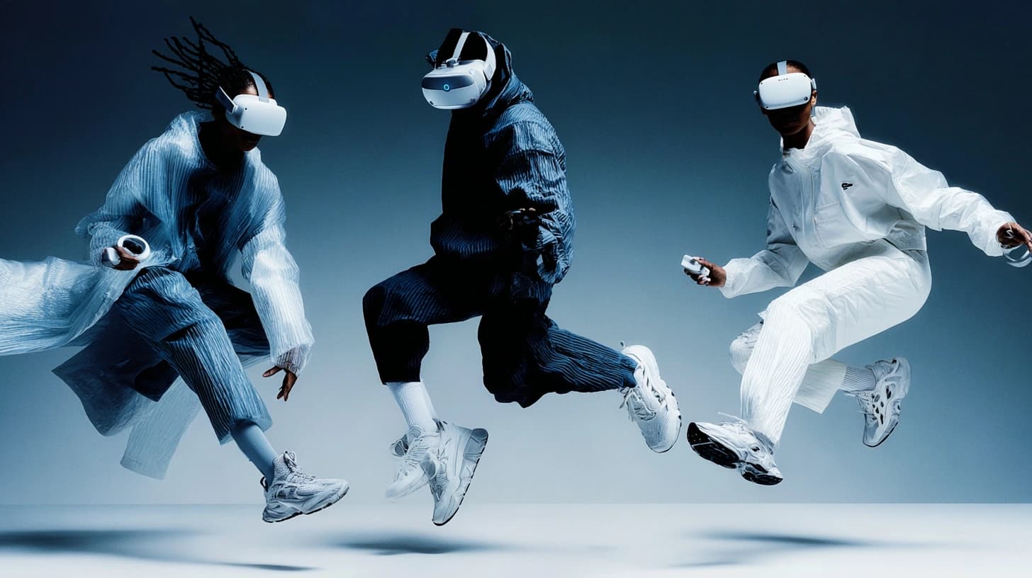 Three athletes in white and blue outfits jumping mid-air wearing VR headsets and holding controllers