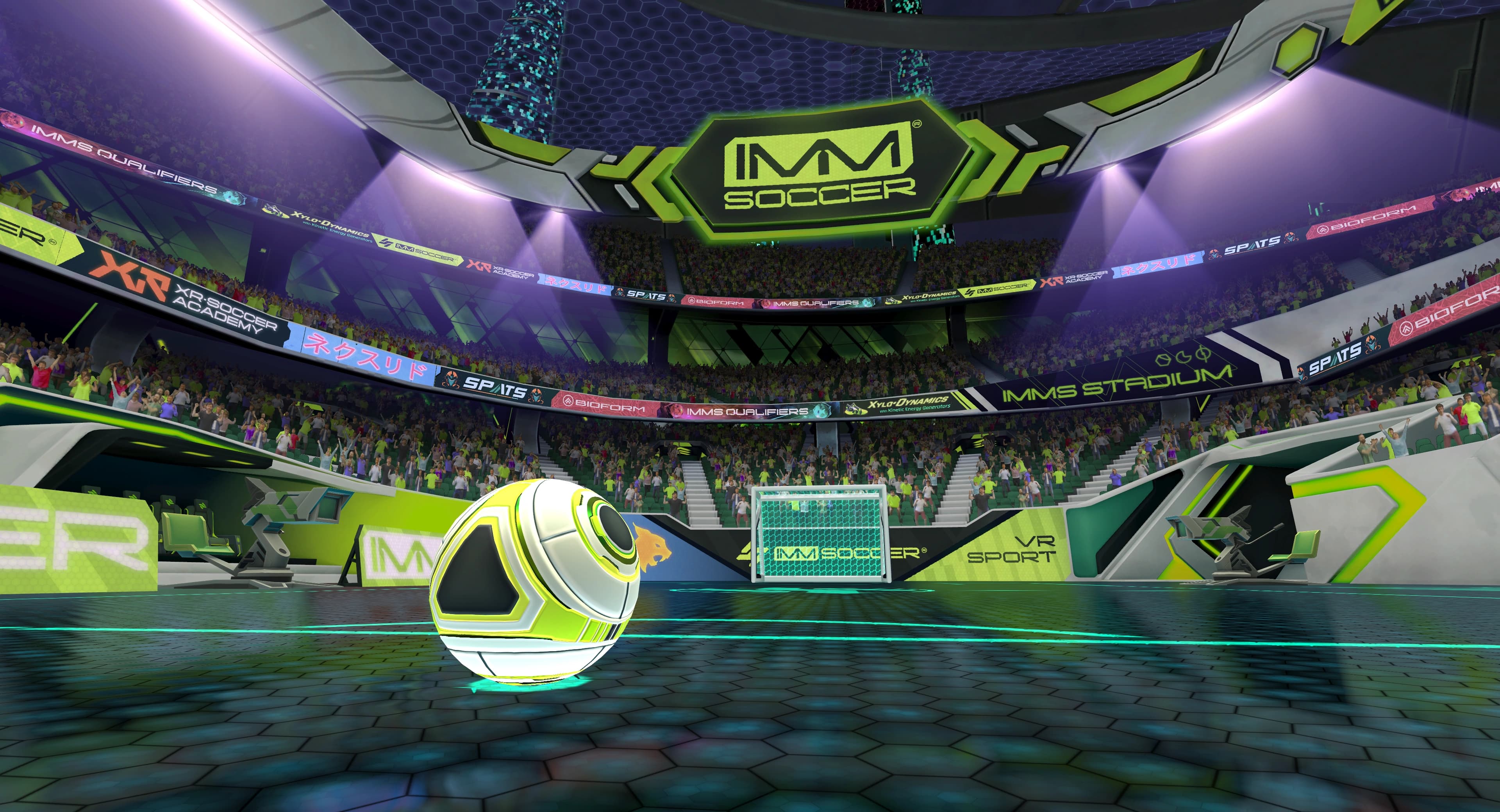 A virtual IMSoccer stadium seen from pitch level, with the ball in the foreground