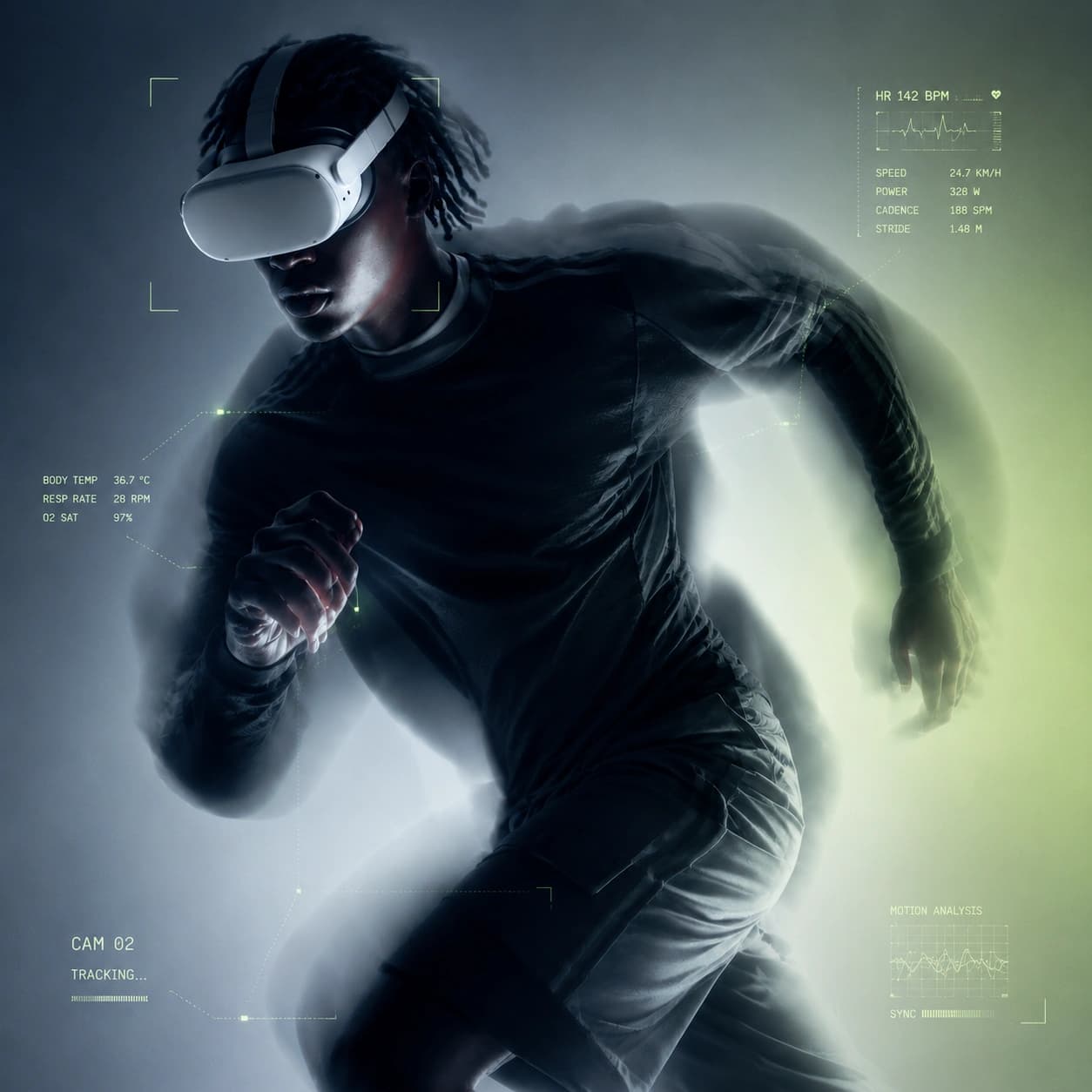 An athlete in a VR headset mid-stride, overlaid with live motion-tracking and biometric readouts