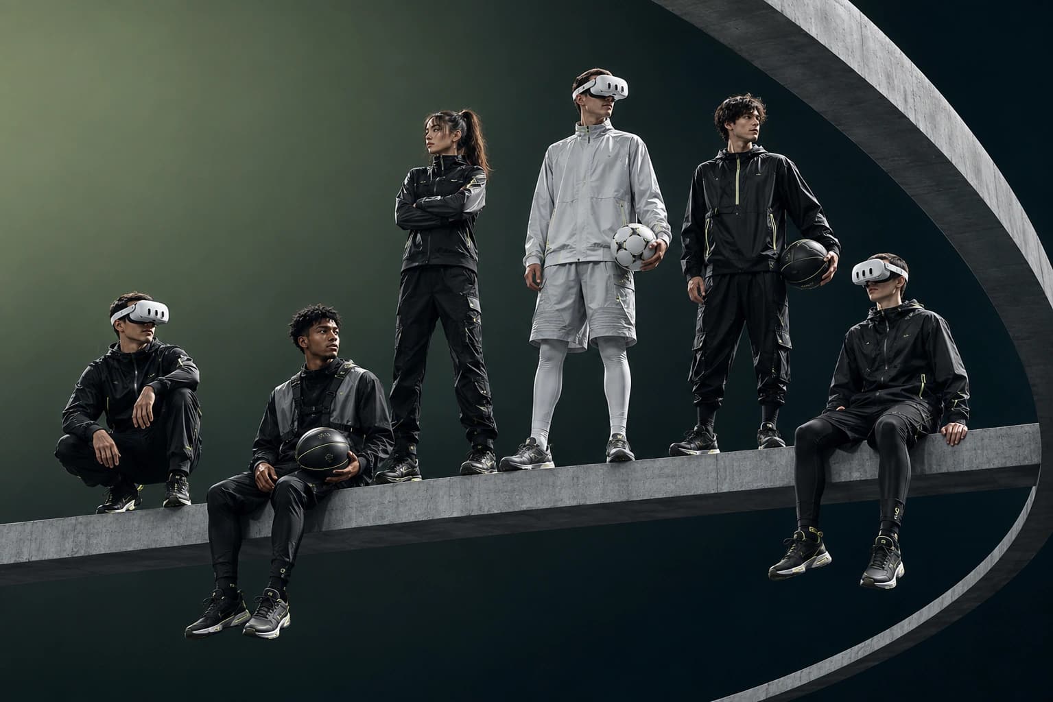 Six athletes in grey kit lined up across an outdoor court, one wearing a VR headset