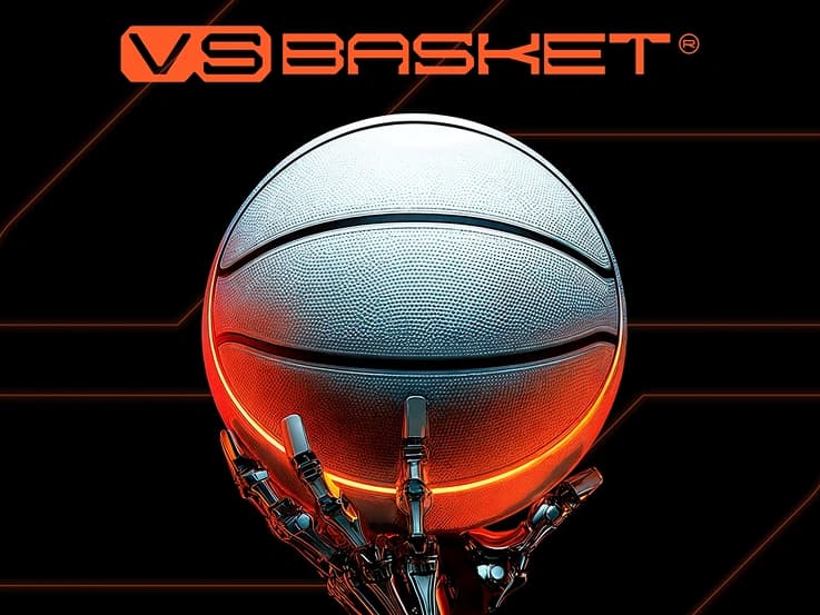 The VSBasket logo above a basketball held in a glowing, mechanical hand