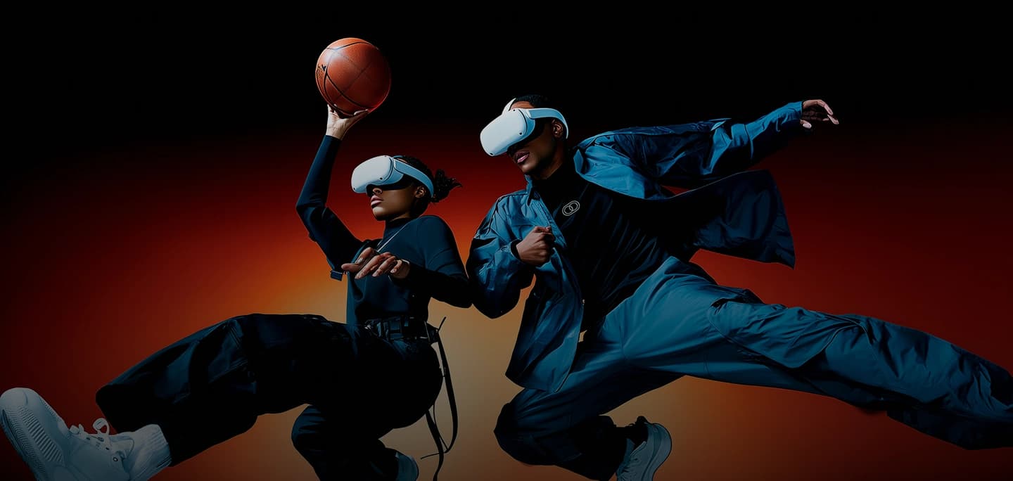 Two VSBasket players in VR gear leaping mid-air, one holding a basketball