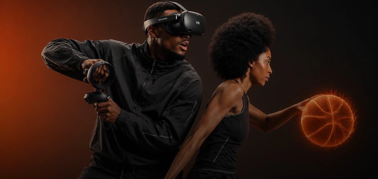 A VSBasket player gripping a motion controller next to another dribbling a glowing basketball