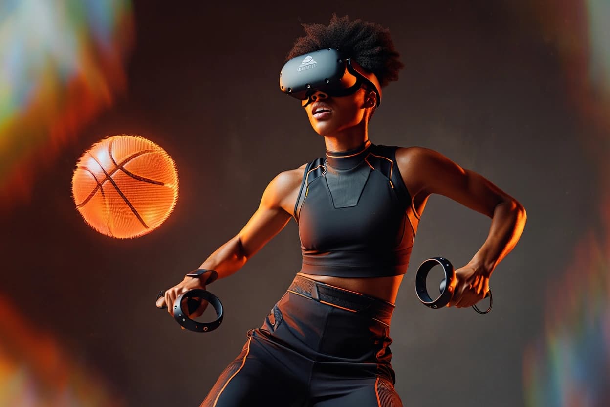 A VSBasket player in VR gear beside a glowing basketball, motion controllers in hand