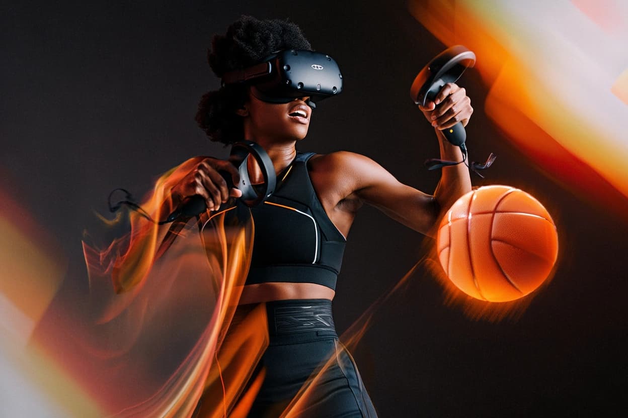 A VSBasket player in VR gear winding up a throw with a motion controller, basketball in motion