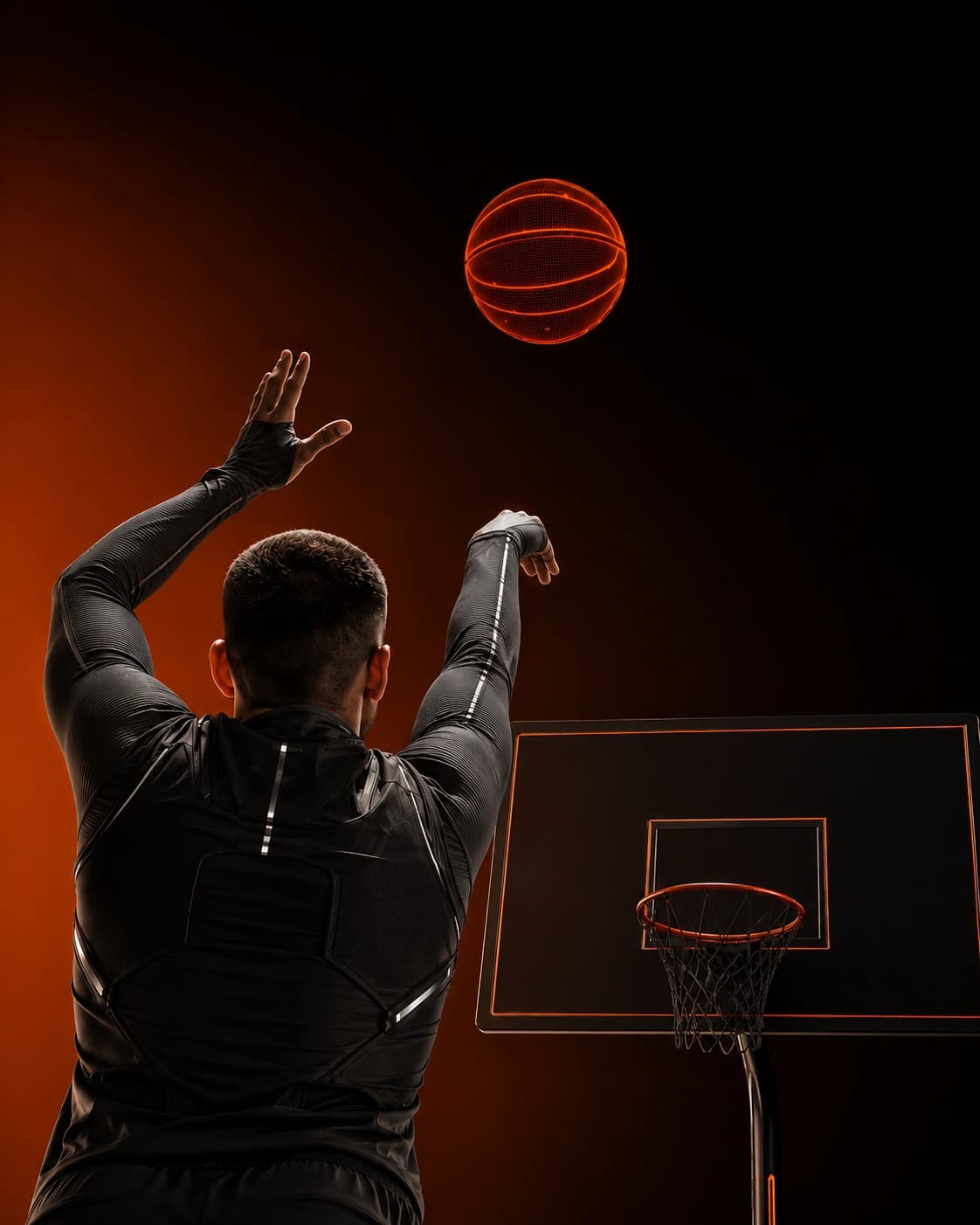 A VSBasket player seen from behind aiming at a glowing hoop overlay, basketball frozen mid-arc