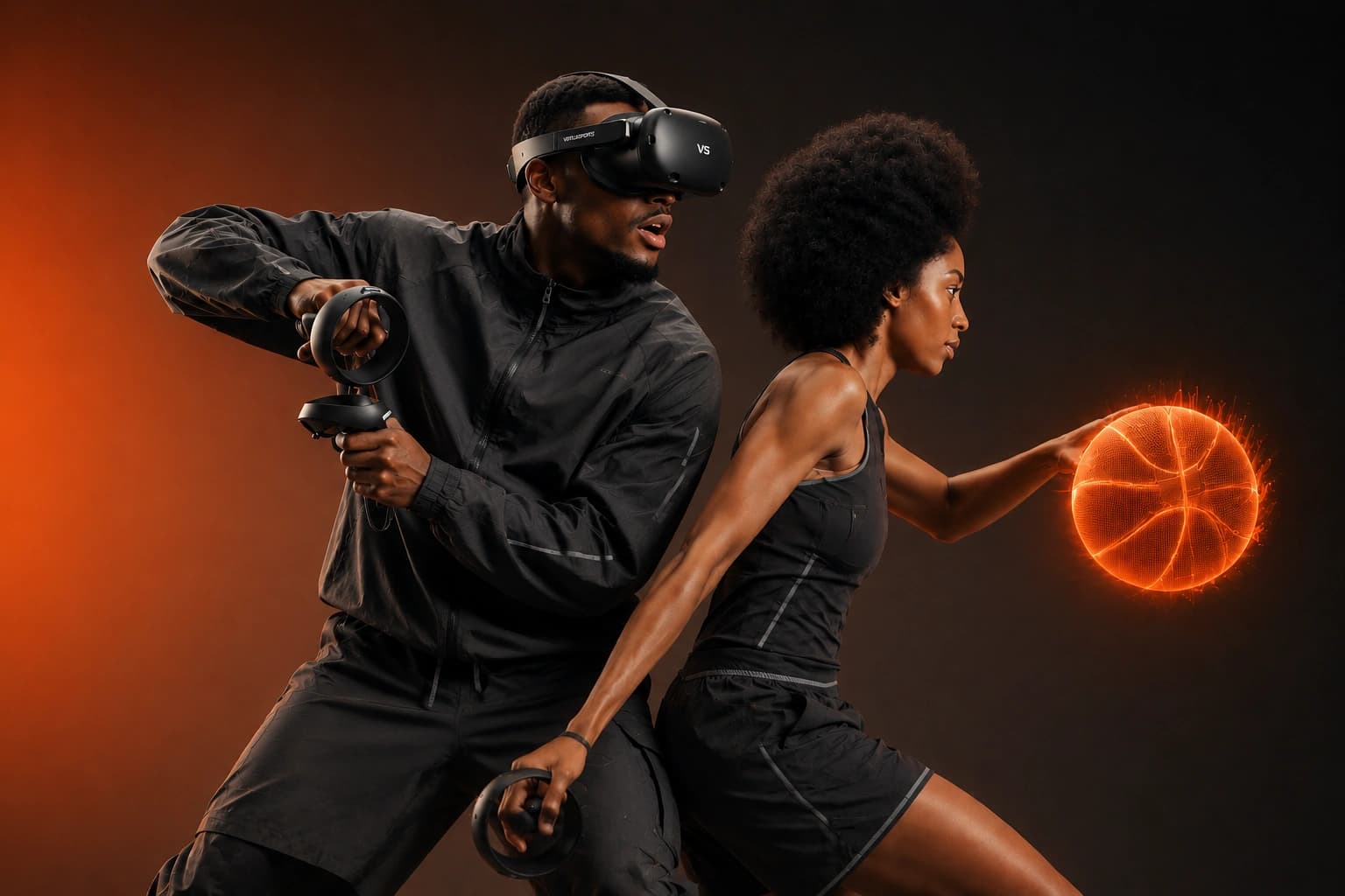 A VSBasket player in VR gear dribbling a glowing basketball against a dark background