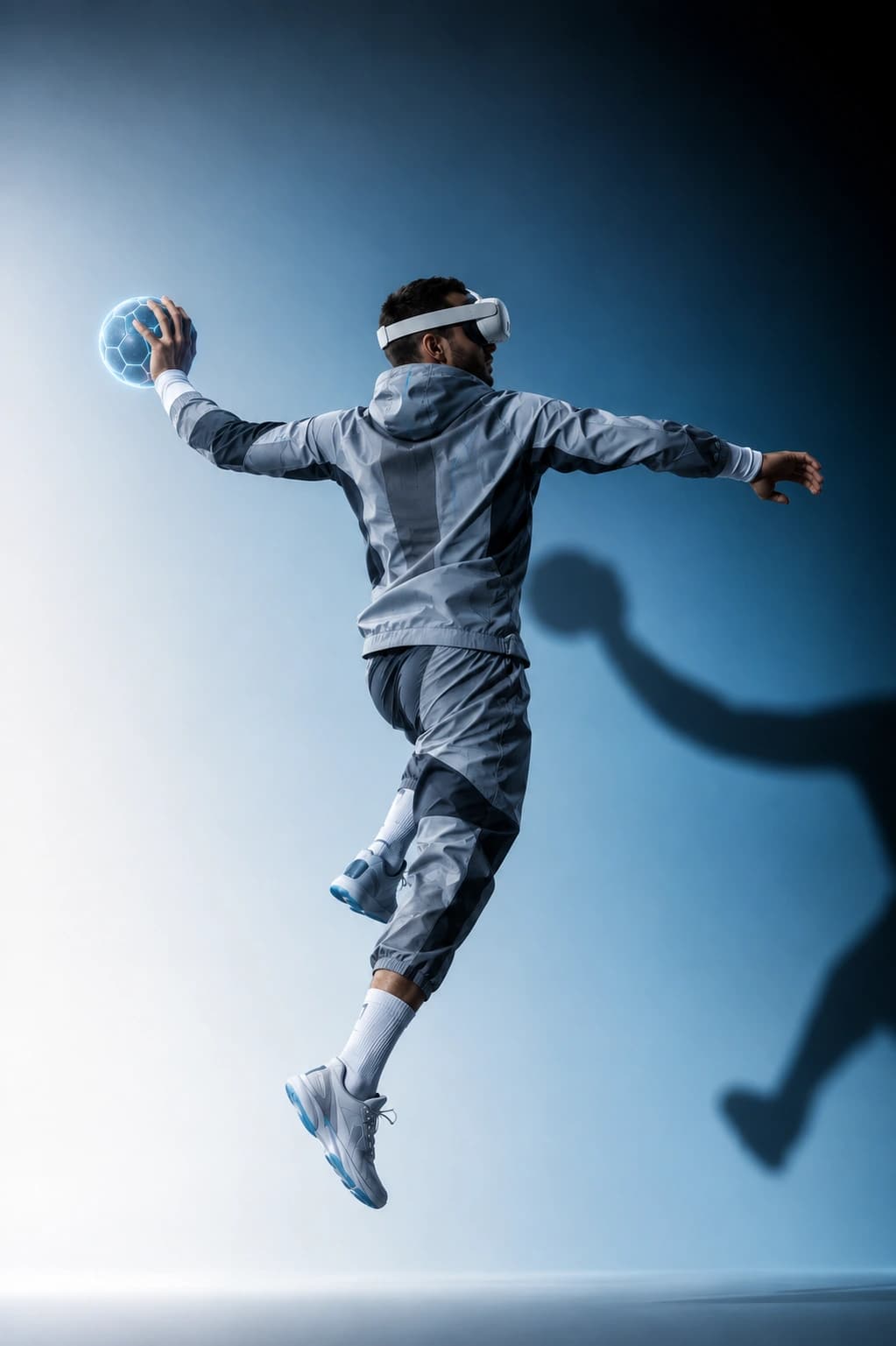 A VSHandball player in a VR headset releasing a glowing ball mid-jump