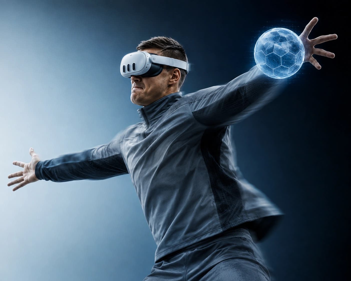 A VSHandball player in a VR headset reaching for a glowing ball with both arms spread